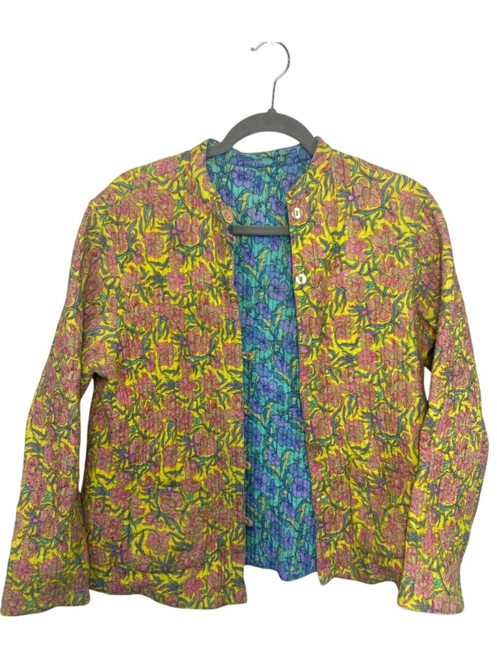 Anu by Natural Sz L Reversible Quilted Floral Jacket Yellow Blue Button Artisan